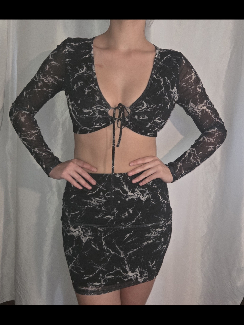 Forever 21 Mesh Marble Two-Piece Crop Top & Mini Skirt Set - Black/White